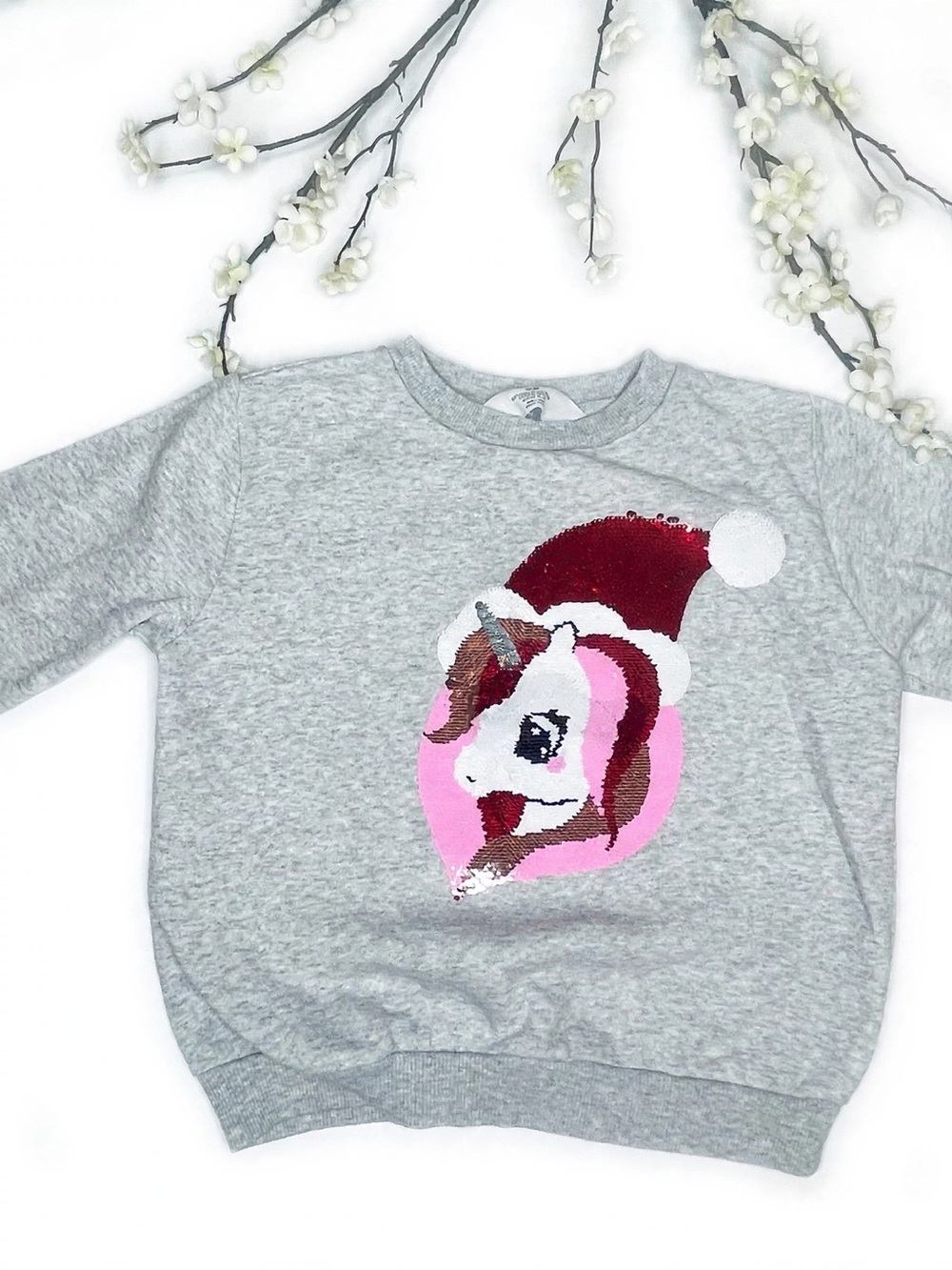 H&M Gray Unicorn Sequin Holiday Sweatshirt with Pink Accents